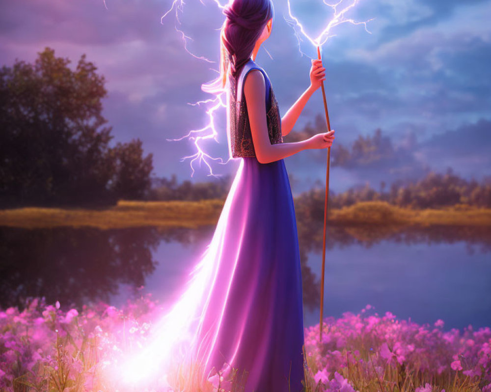 Woman in Purple Dress with Lightning Staff in Flower Field at Sunset