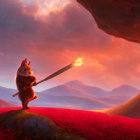 Armored squirrel with glowing staff among red flowers and volcano landscape
