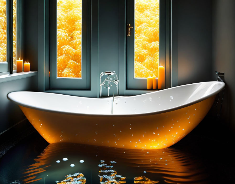 Luxurious freestanding bathtub filled with water in dimly lit room with candles and view of vibrant