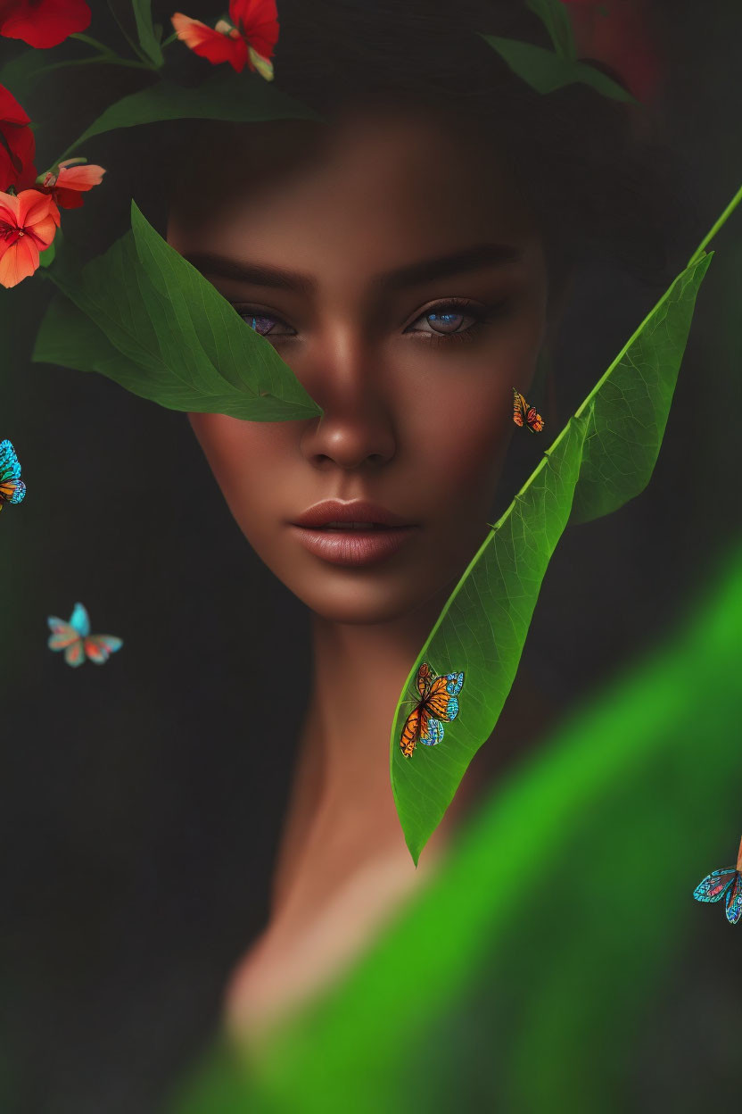 Woman's Face Surrounded by Green Leaves, Red Flowers, Blue Eyes, and Butterflies