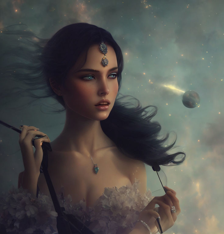 Digital portrait of woman with dark hair and blue eyes in nebula setting