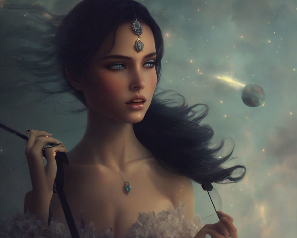 Digital portrait of woman with dark hair and blue eyes in nebula setting