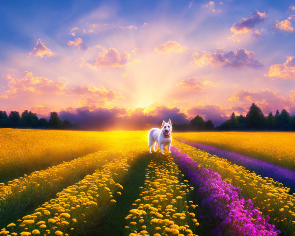 White Dog in Vibrant Field with Golden and Purple Flowers at Sunset