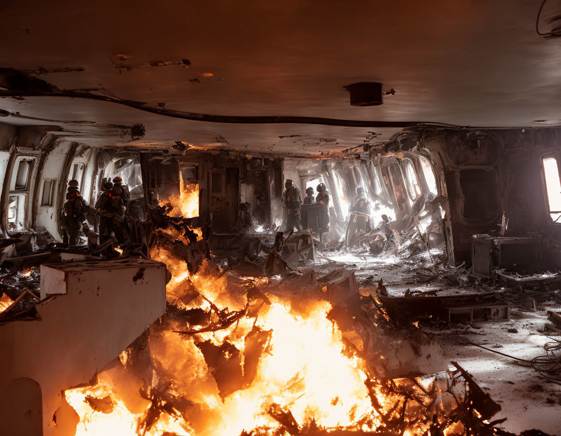 Intense firefighting scene in smoke-filled room