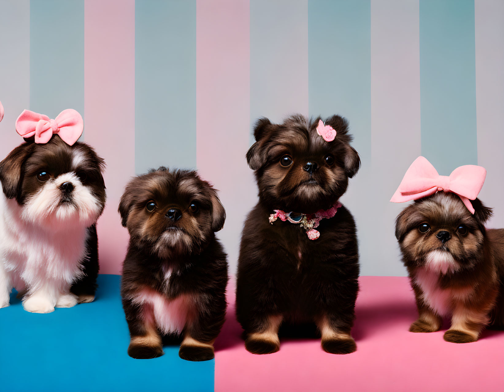 Four Cute Puppies in Bow Outfits on Striped Pink & Blue Background