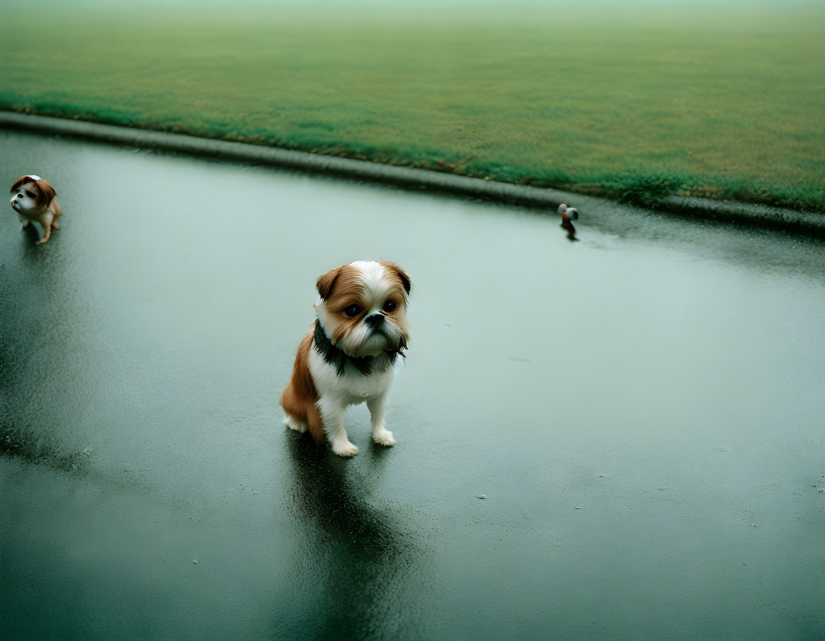 Brown-and-white fluffy dog on wet surface with two others against green field.