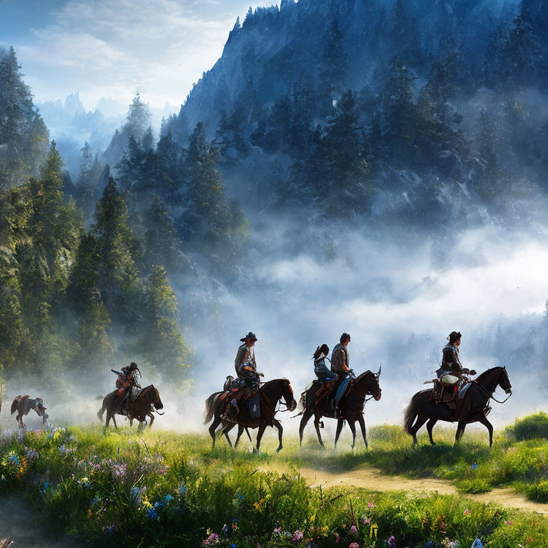 Horseback riders in misty forest meadow with sunlit mountains