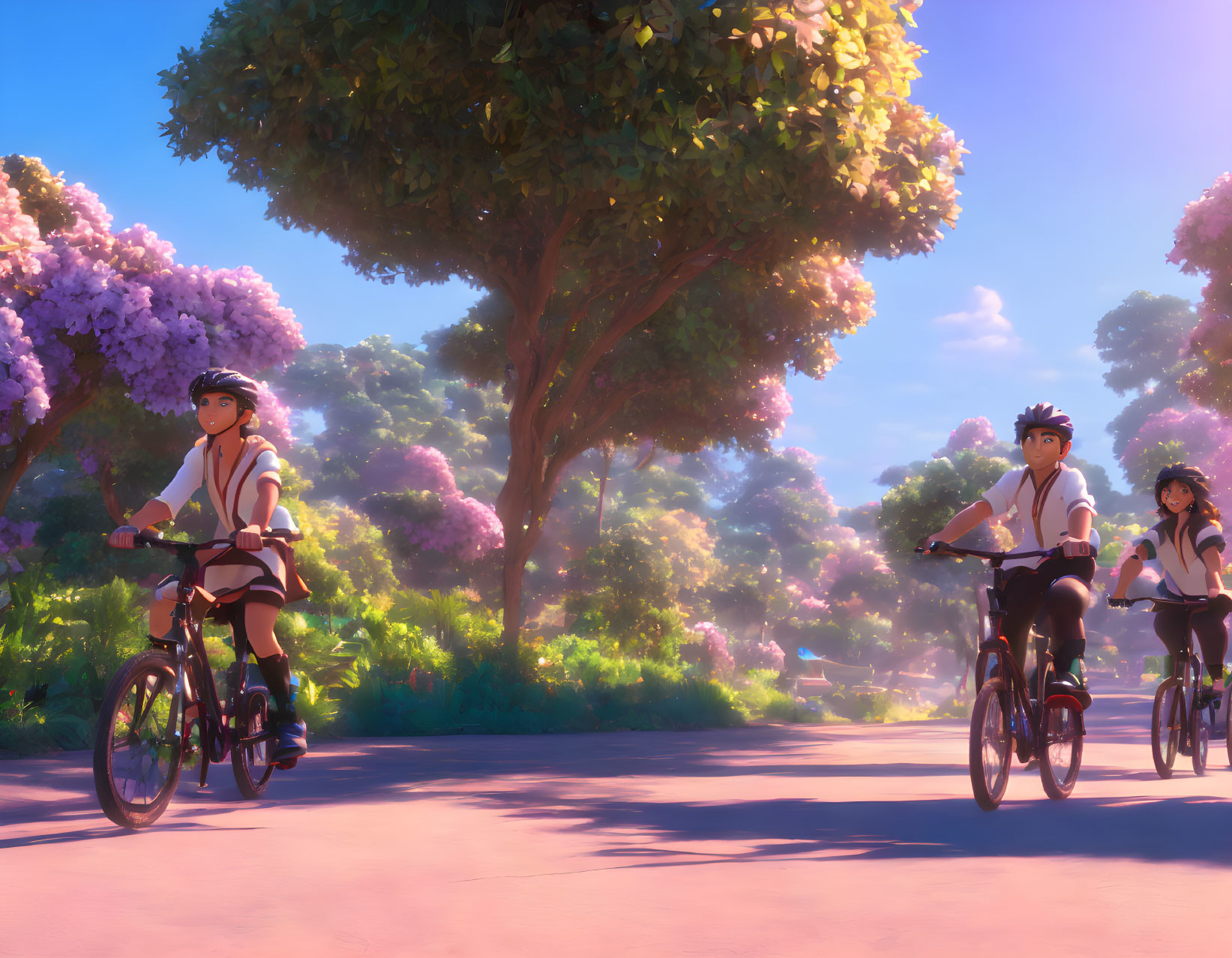 Manga and anime characters riding bikes together
