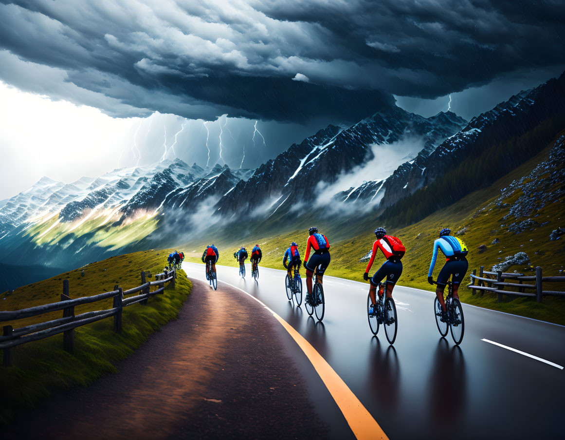 Cyclists on mountain road during storm with lightning
