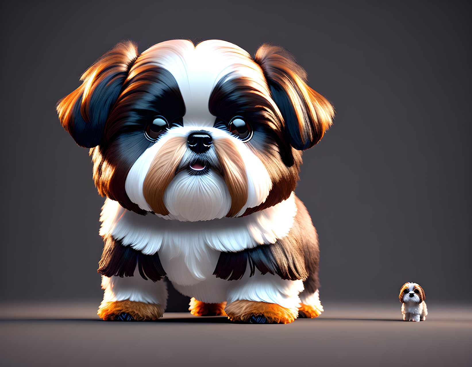 Large Fluffy Brown and White Dog with Miniature Version in Stylized Image