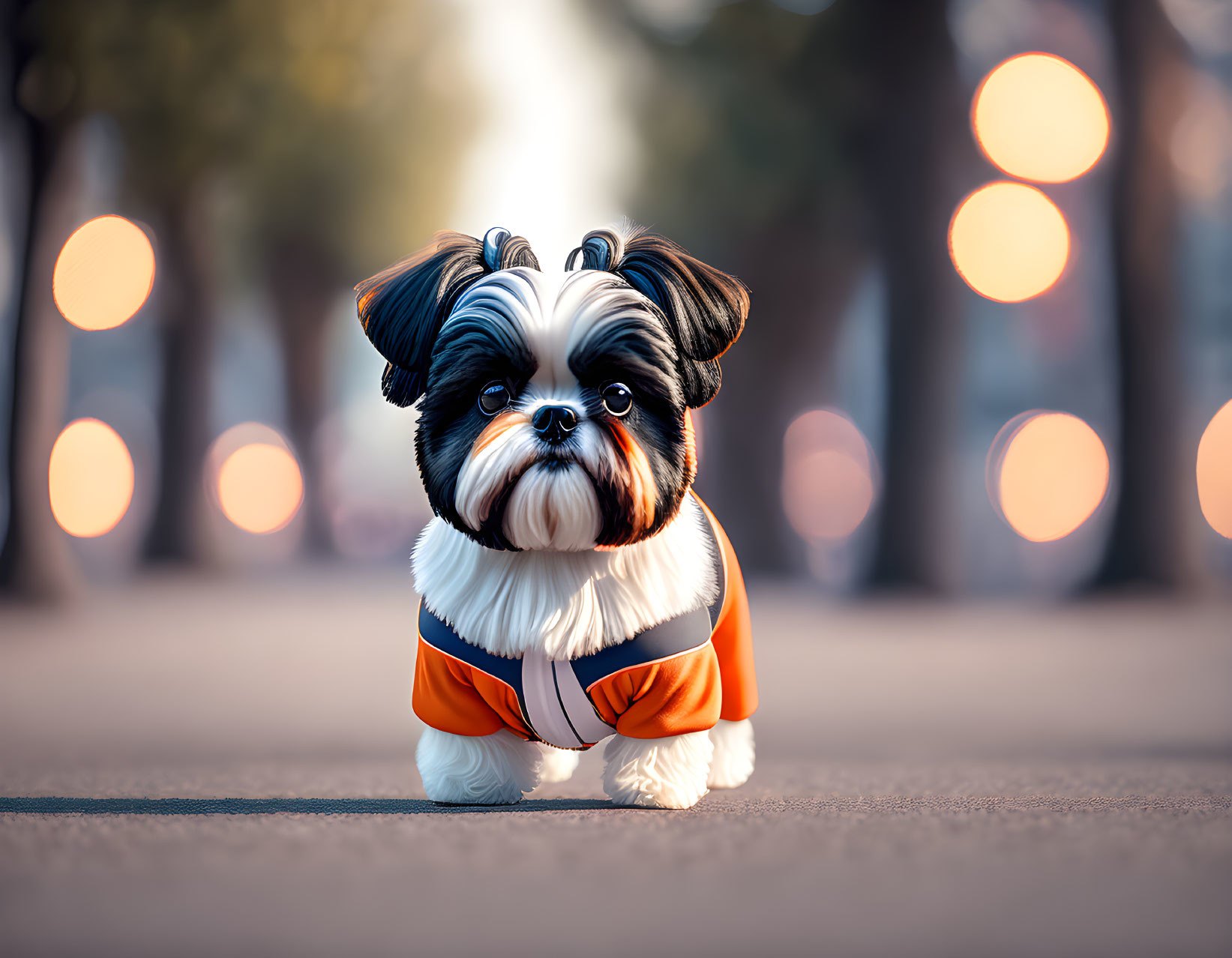 Black and white small dog in orange jacket on pathway with blurred lights