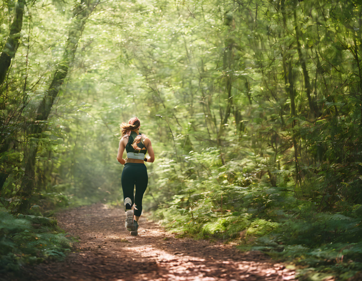 Woman jogging in sunlit forest trail with lush greenery and tall trees.