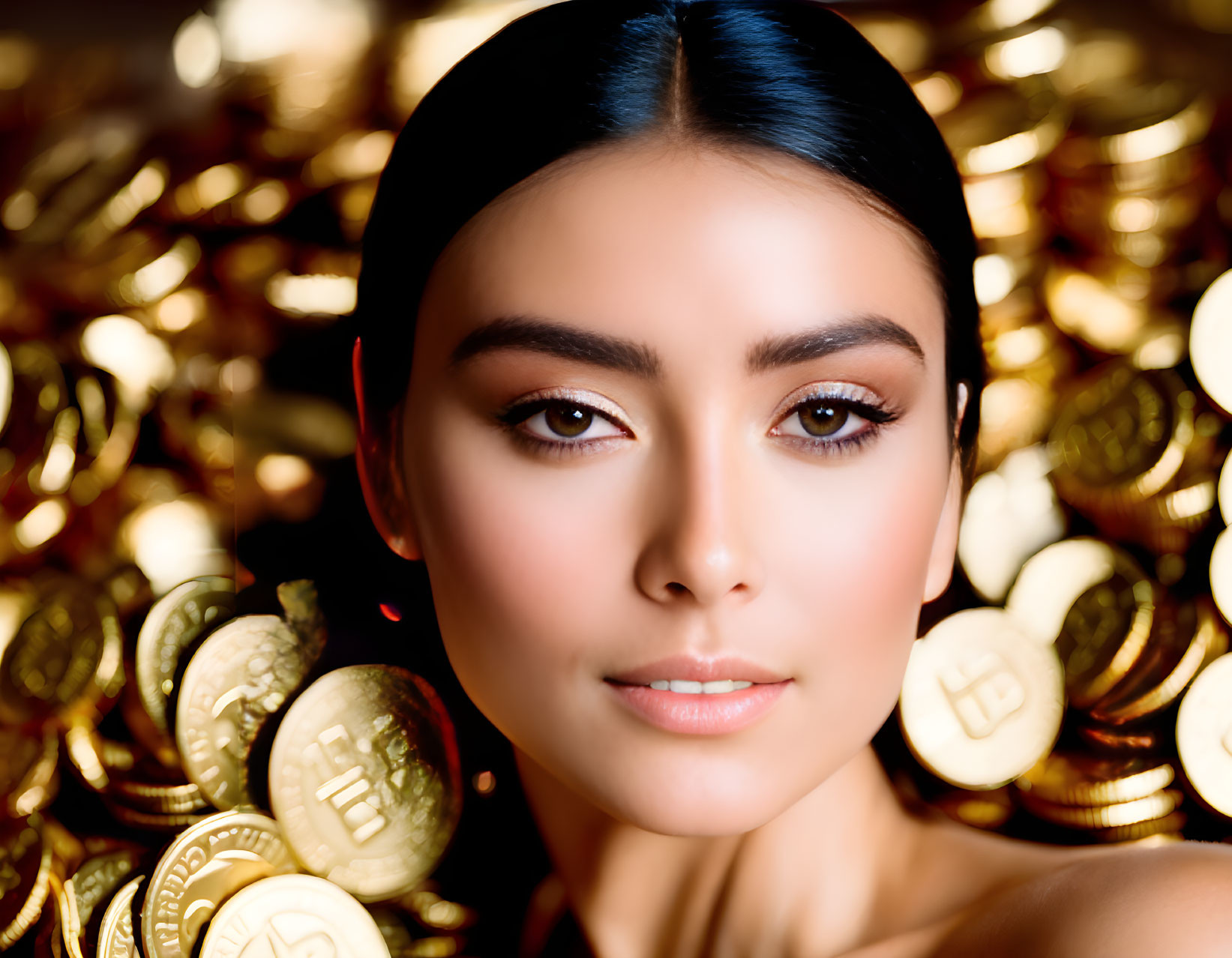 A beautiful girl lying on a pile of gold coins