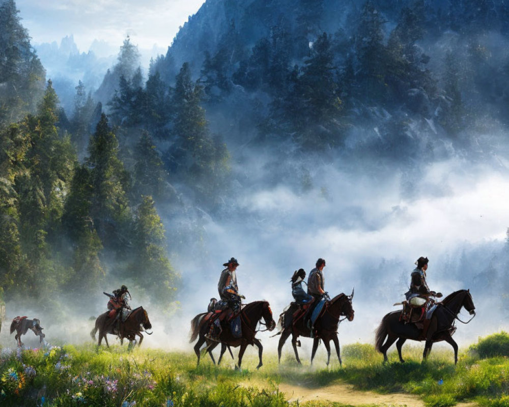 Horseback riders in misty forest meadow with sunlit mountains