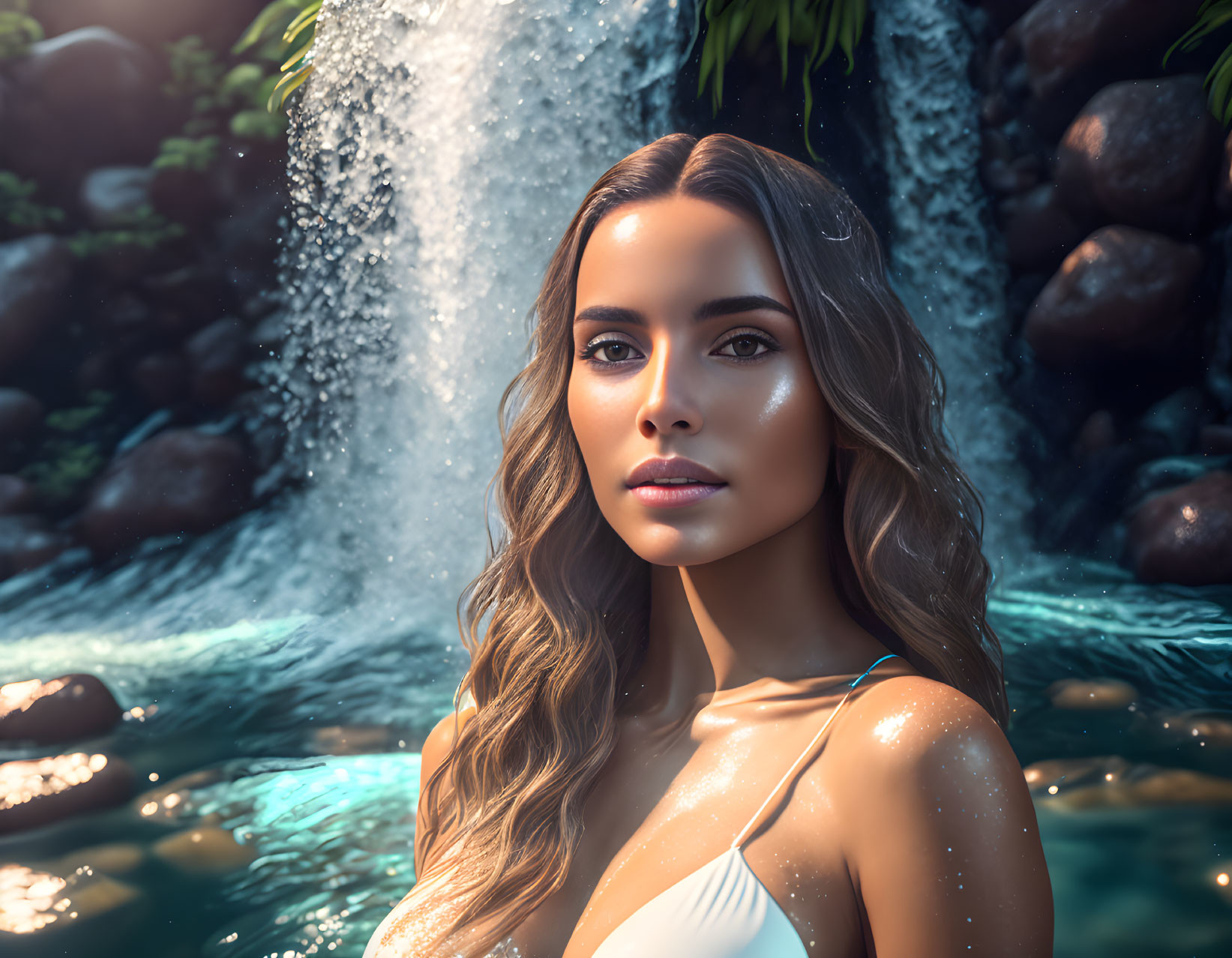 A beautiful girl at the waterfall