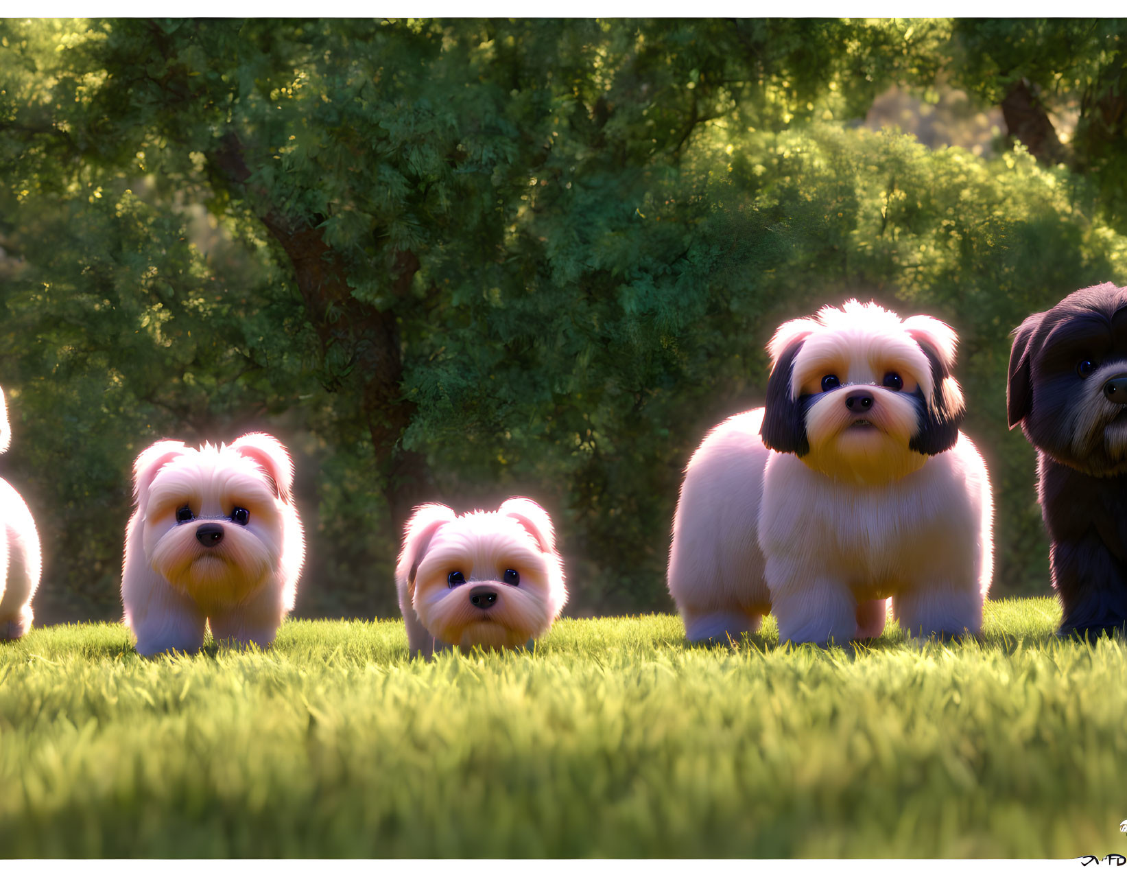 Four expressive fluffy dogs in sunlit grassy area