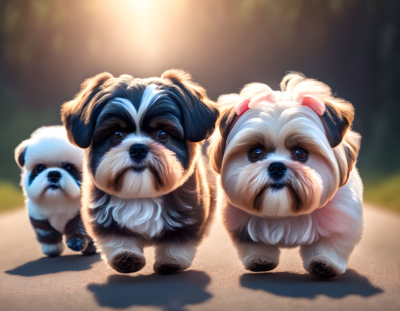 Three Shih Tzu dogs at sunset with bow accessories, one looking at the camera