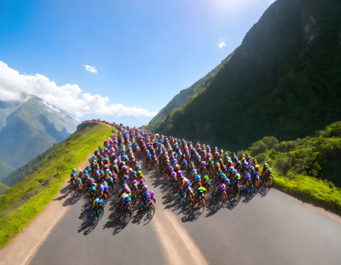 Group of Cyclists in Colorful Attire Riding on Mountain Road
