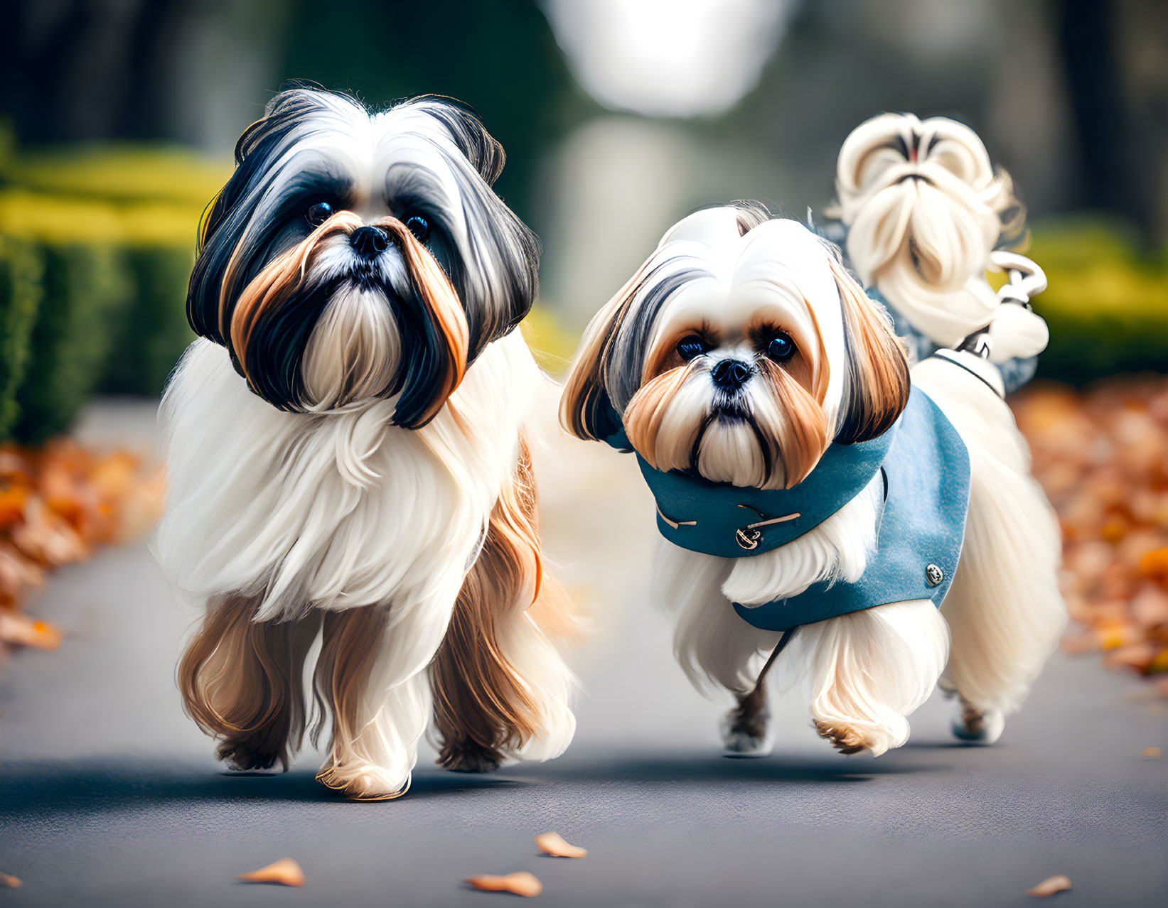 Two Shih Tzu dogs with bandanas walking among autumn leaves