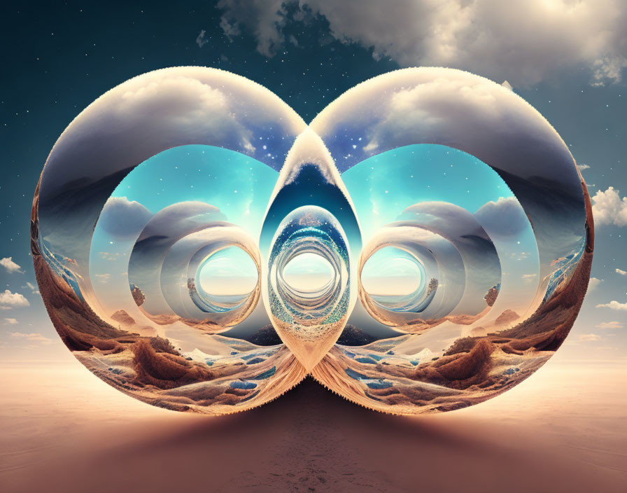 Symmetrical surreal landscape with distorted desert terrain and loop-shaped clouds.