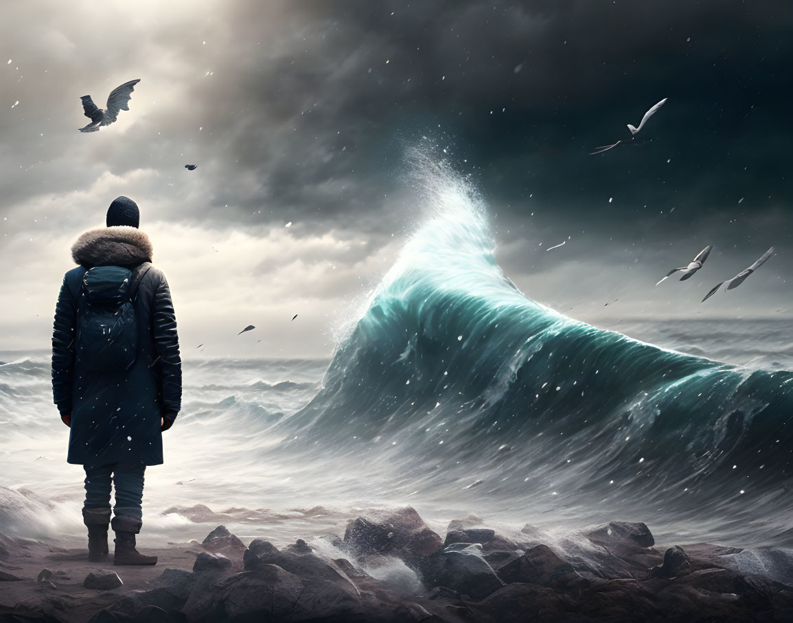 Person in winter jacket observes surreal wave under stormy sky
