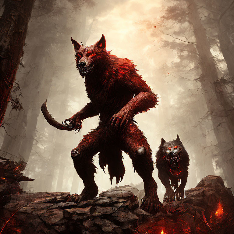 Menacing werewolves in misty, red forest