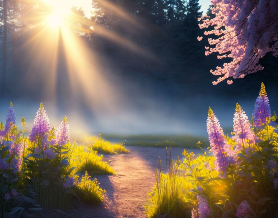 Misty Path with Sunbeams and Blooming Flowers