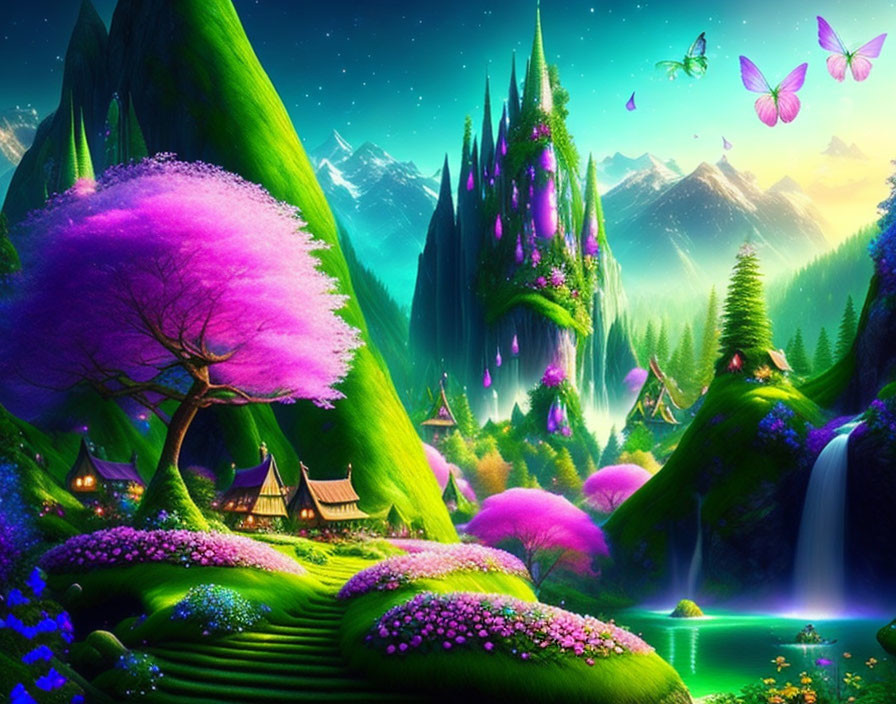Fantasy landscape with pink trees, floating islands, waterfalls, serene lake, butterflies