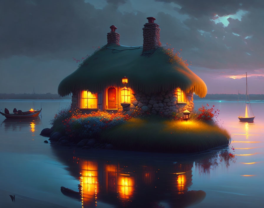Thatched roof stone cottage on island at twilight