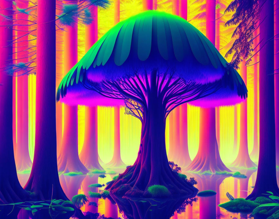 Psychedelic forest with neon lights and mushroom-shaped tree