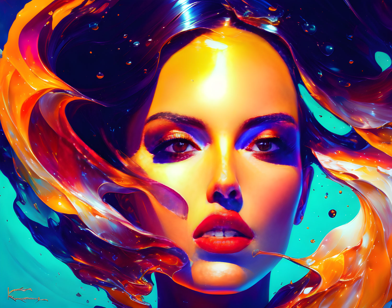 Colorful digital artwork of woman's face with fiery hair against blue backdrop