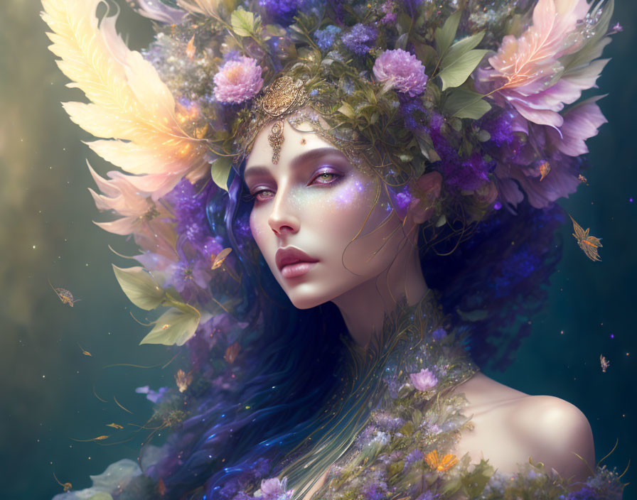 Ethereal woman with purple-tinted skin among lush flowers and butterflies