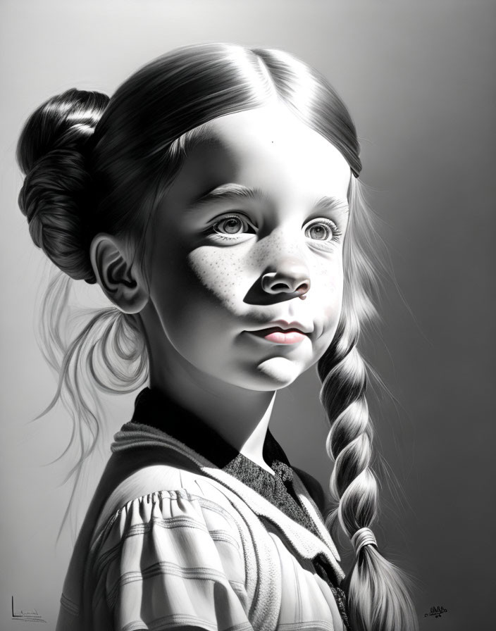 Monochrome illustration of contemplative young girl with braided hair and freckles