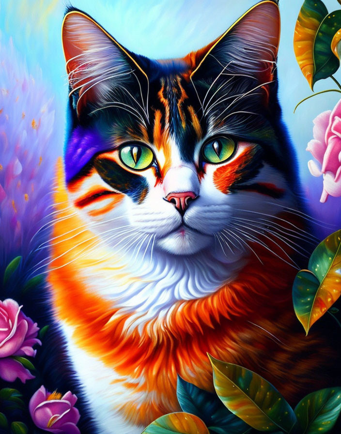 Colorful Cat Painting with Green Eyes and Floral Surroundings