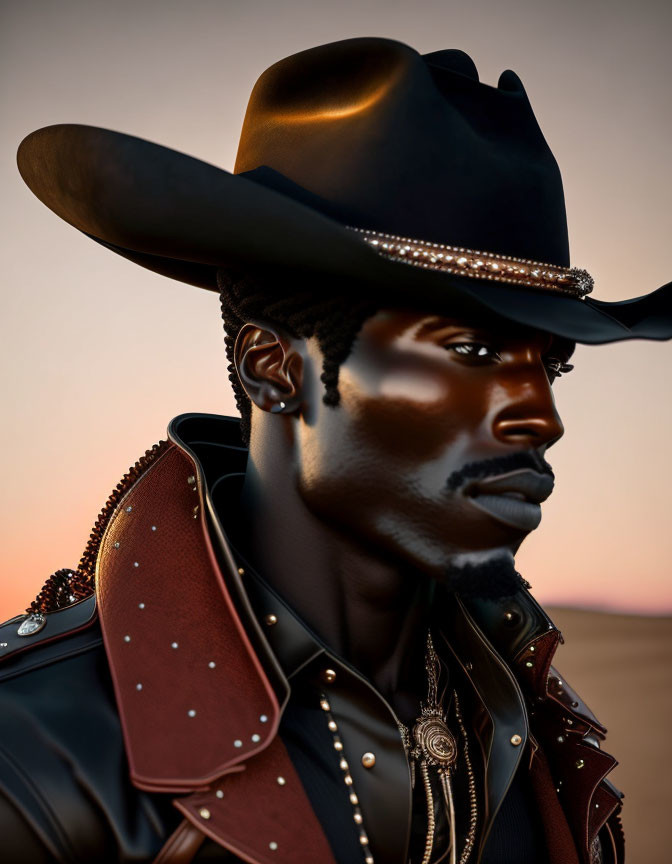 Stylized cowboy man in western attire at sunset
