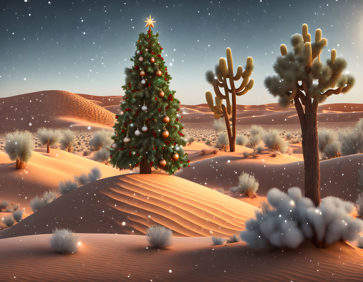 Christmas tree in desert landscape with snow and starry sky