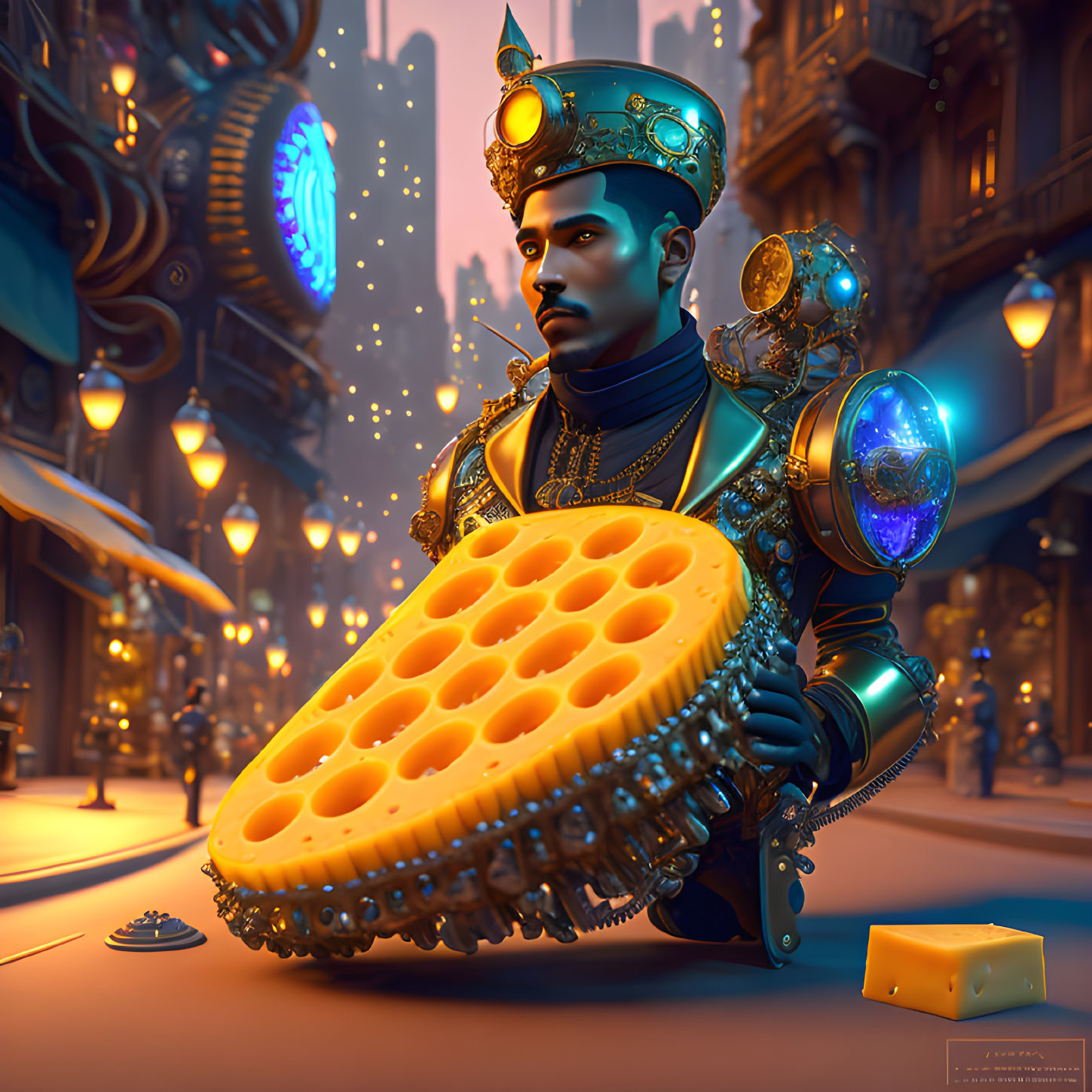 Steampunk-themed character with oversized golden waffle and intricate mechanical details
