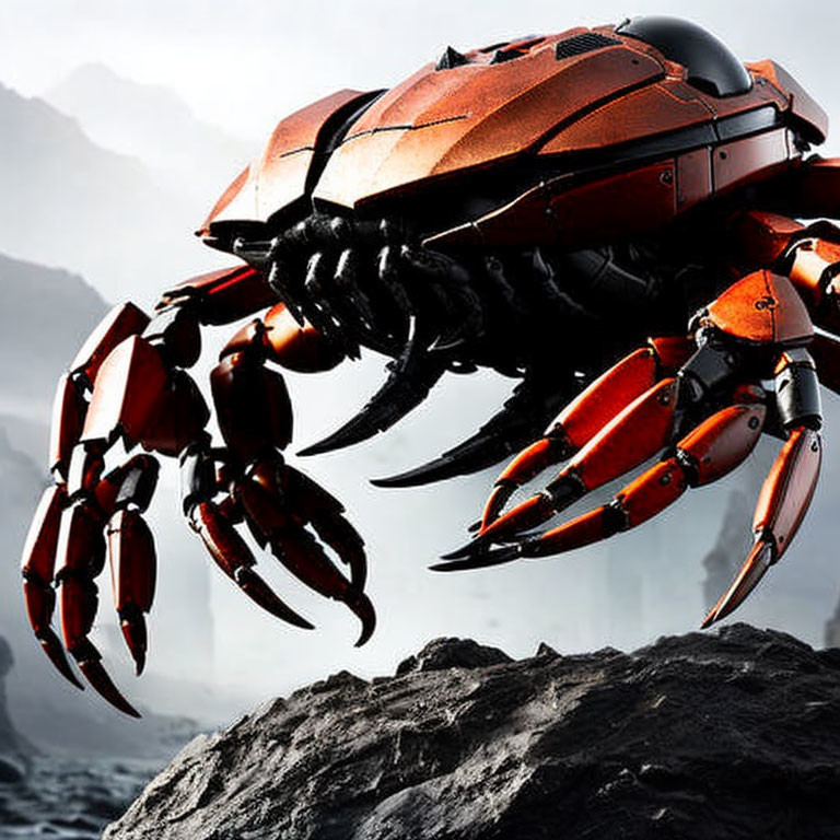 Mechanical crab with red and black exoskeleton on rocky terrain with misty mountains.
