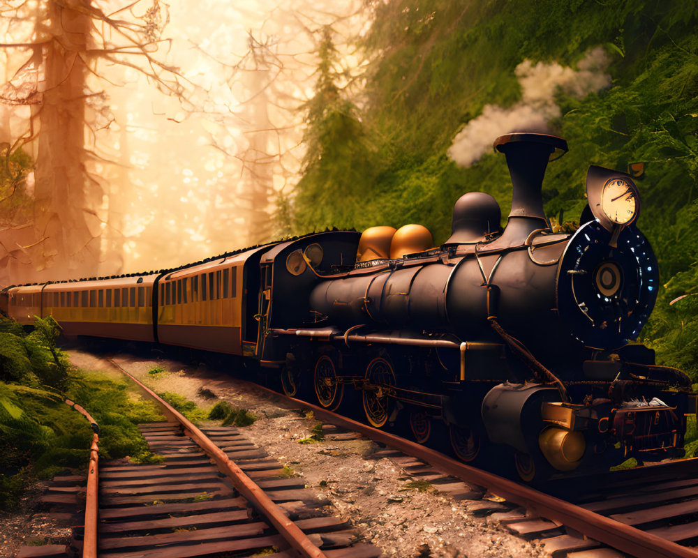 Vintage steam train in misty forest with sun rays on rusty tracks