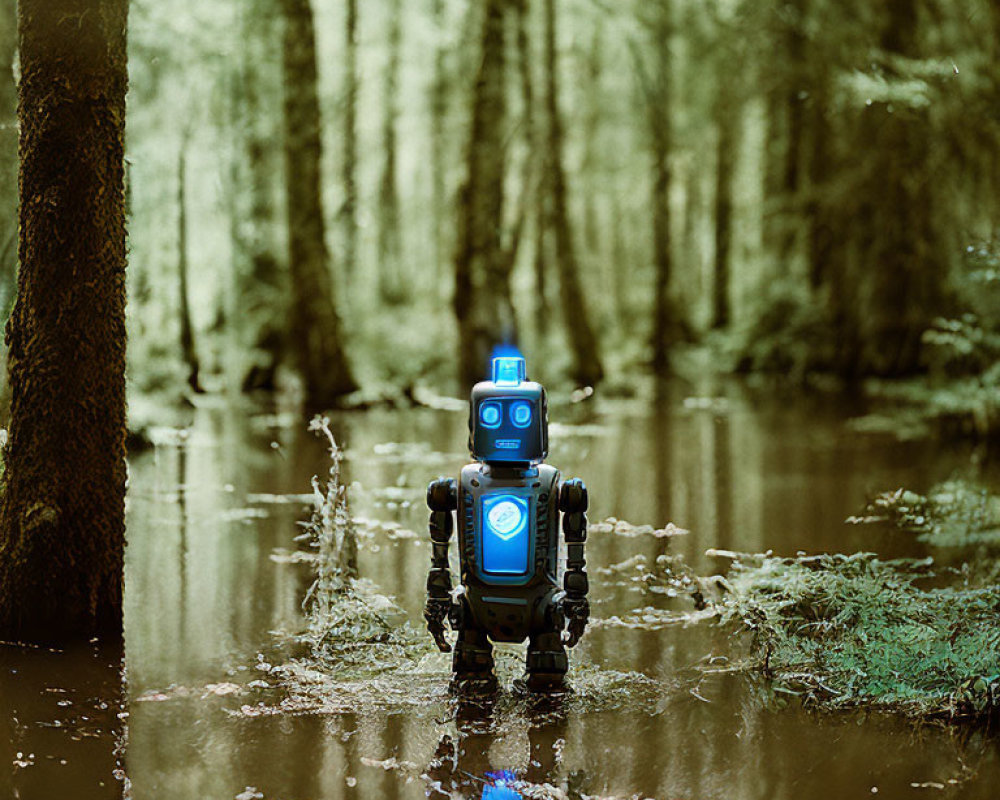 Blue Toy Robot in Forest Stream Environment
