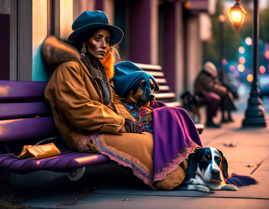 Fashionable woman in teal hat and mustard coat with two dogs in outfits on city bench at night