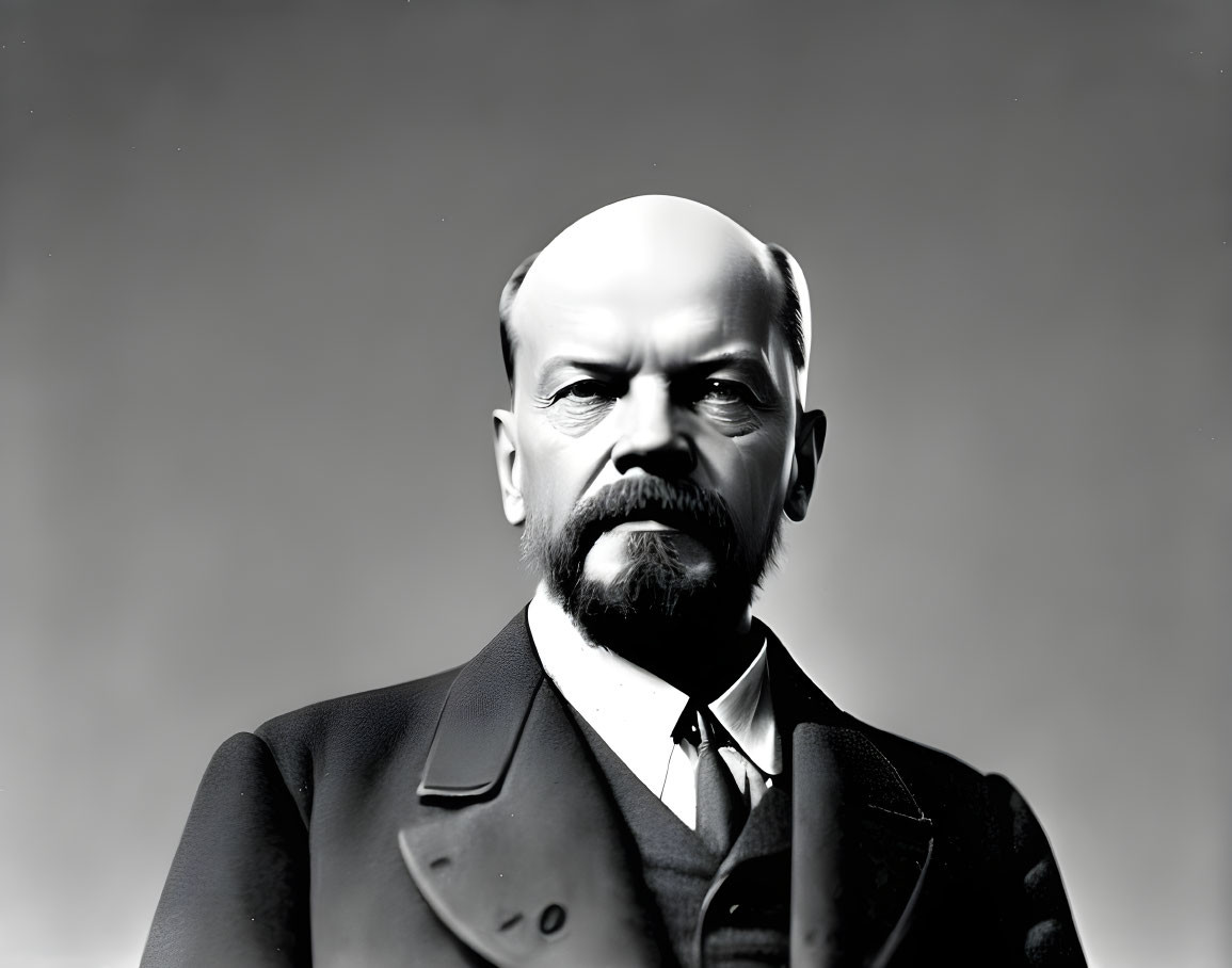 Monochrome portrait of serious man in suit with beard and mustache