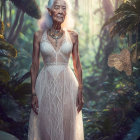 Elderly Woman in White Dress in Sunlit Forest with Geometric Shapes