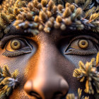 Striking amber-eyed person in textured mask portrait