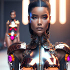 Futuristic fashion show featuring android model in metallic armor