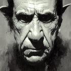 Monochromatic digital painting of a grim-faced man with intense eyes
