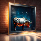 Glowing-horned bull emerging from picture frame in rustic room