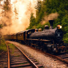 Vintage steam train in misty forest with sun rays on rusty tracks