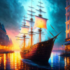 Tall ship sailing near vibrant Venetian-style city at sunset