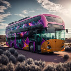 Futuristic double-decker bus in vibrant pink-purple colors in serene desert landscape